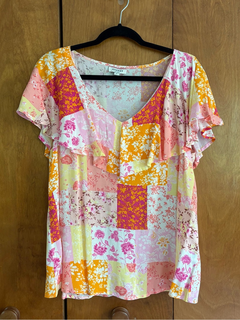 ANDRÉE BY UNIT Floral Ruffle Top Patchwork Pink Yellow Orange White Large EUC